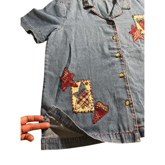 Lemon Grass Studio Top Shirt Womens Small Blue Denim Patchwork Button Up Country - Picture 6 of 7